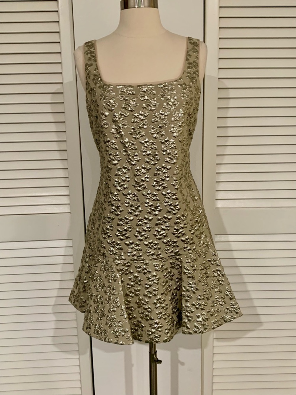 BCBG Metallic Olive Floral Fit-and-Flare Mini Dress Sz S